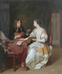 Ein elegantes Paar musiziert im Innenraum